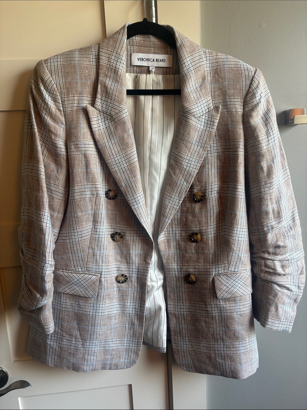 Veronica Beard Beacon Dickey 100% linen blazer jacket tan brown blue plaid EUC